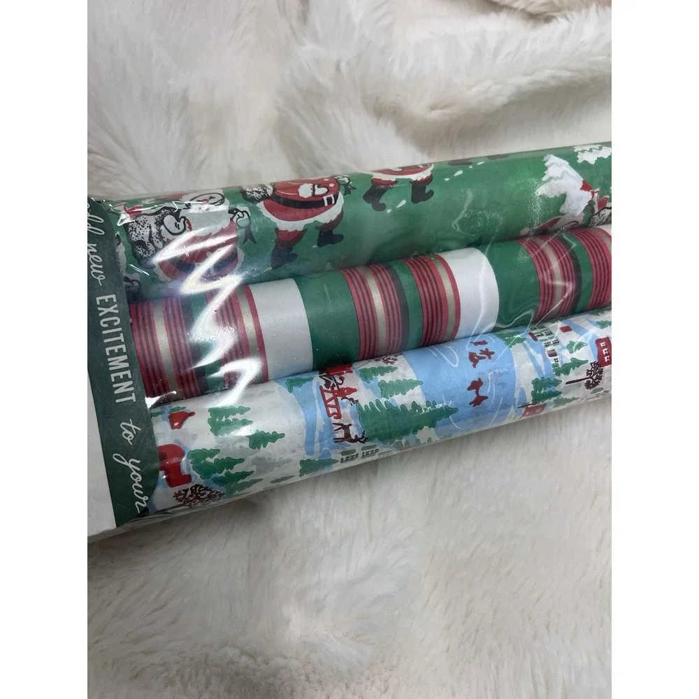 Vintage Bonanza Wrapping Paper 50s 60s Mcm Santa Stripes Kitschy Roll 3 Lot